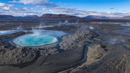 Aerial view of geothermal hot springs in a volcanic landscape, showcasing unique geological features, preservation