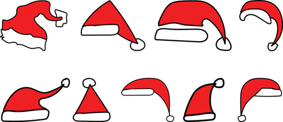 Red Santa Claus Hat Set hand drawn Vector Illustration. 