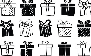 Black and White doodle hand drawn Gift Box Vector  illustration Set with Ribbons and Bows for Christmas holiday and celebration.