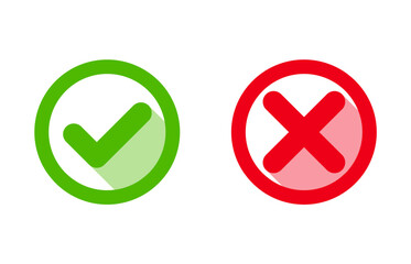Green Check Mark and Red Cross Icon Set Isolated on White Background