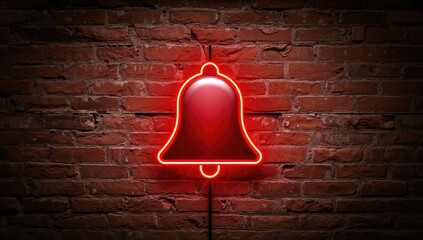 Composition of red neon bell icon on brick wall, digital interface symbol, communication theme