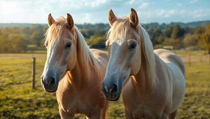 A pair of light brown horses in a fenced field