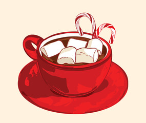 Hot Cocoa with Candy Cane and Marshmallows Illustration