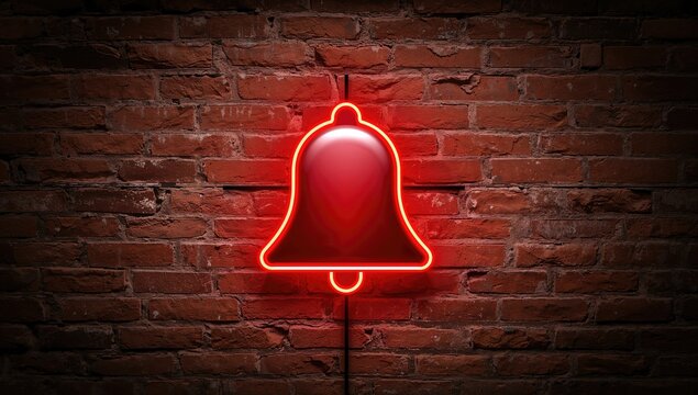 Composition of red neon bell icon on brick wall, digital interface symbol, communication theme - Powered by Adobe