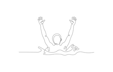 Man Raising Hands in Water Continuous Line Drawing – Minimalist Person Floating or Asking for Help Vector Illustration