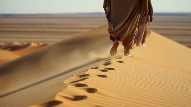 Close-up slow motion of bare feet stepping along a dune crest as wind brushes sand grains and robe hems. Shallow depth, warm tones, tactile details. Great for travel, relaxation, mindfulness edits.