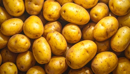 Raw yellow potatoes filling the frame in a natural food background rustic