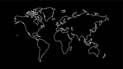A minimalist world map with black continents and white outlines on a dark background. This vector map features a modern graphic design that combines simplicity and information.