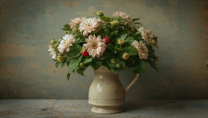 Strawberry flowers arranged in a vase on a rustic surface, ideal for editorial header background