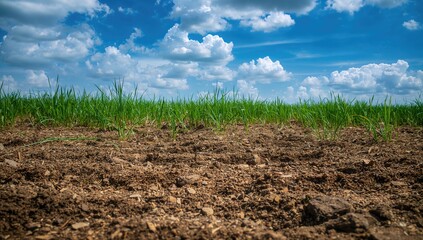 Loose earth and green grass under a clear blue sky, seasonal change