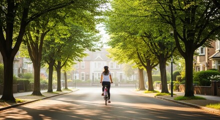 Tree lined neighborhood street with sunlight and a cyclist - safe streets sustainability and suburban lifestyle visual for civic projects travel and wellness headers