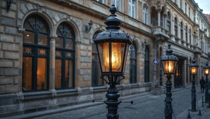 Gas lamps with intricate designs, showcasing urban architecture, highlighting historical preservation