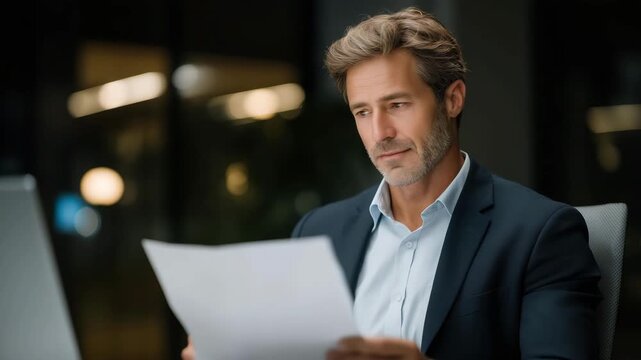 Corporate manager reviewing certified financial documents with focus and confidence, emotion of responsibility visible, symbolizing transparent business operations, data integrity, and financial