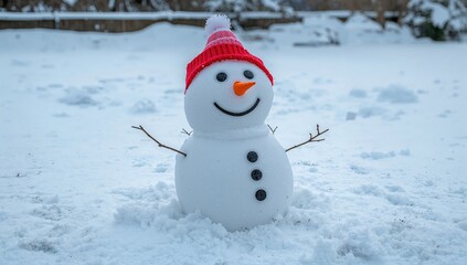Fototapeta premium Adorable handcrafted snowman in a garden setting with a cheerful expression during the winter season