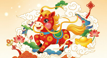 Fototapeta premium 2026 Traditional auspicious clouds and steeds China-Chic illustration