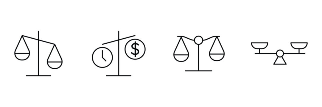 Vintage scale, time money balance, traditional balance, bowl seesaw icon set, classic weighing machine vector illustration, minimal comparison economics.