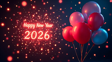 Festive New Year's greeting with glowing text, colorful balloons, and sparkling lights against a dark background.