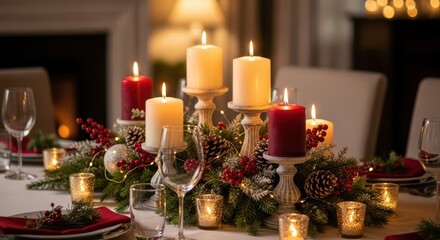 Holiday table centerpiece with glowing candles greenery and ornaments - cozy Christmas dining mood for invitations menus retail promos and festive headers