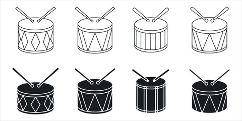 Versatile Drum Icon Set Vector Illustration. Features Outline Silhouette graphics for both Side View and Top View—essential symbols for Music, Rhythm, Percussion Instruments, and Band concepts.