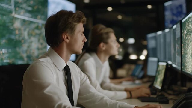 Cybersecurity team reacting to multiple virus alerts on large monitoring screens, symbolizing proactive network protection, threat analysis, and emergency response in corporate IT environments.