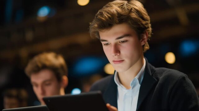 Delegates in a parliamentary session reviewing legislative proposals on digital tablets, emotion of concentration and responsibility evident, representing modern politics, data-driven lawmaking,