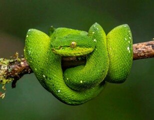 Close-up of a vibrant emerald-green viper coiled on a small branch, looking alert