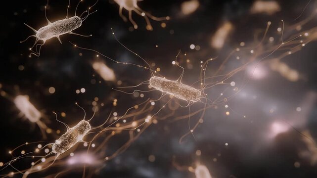 Digital conceptual visualization of nanobots forming dynamic networks at molecular level, emotion of technological wonder visible, symbolizing programmable nanorobotics, future medicine, and