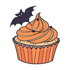 Spooky orange halloween cupcake with bat decoration and candy sprinkles isolated on transparent background