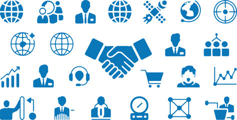 Global Business Icon Set, International Trade Silhouettes, Worldwide Commerce Logistics Digital Connectivity Supply Chain Globalization Vector Illustration