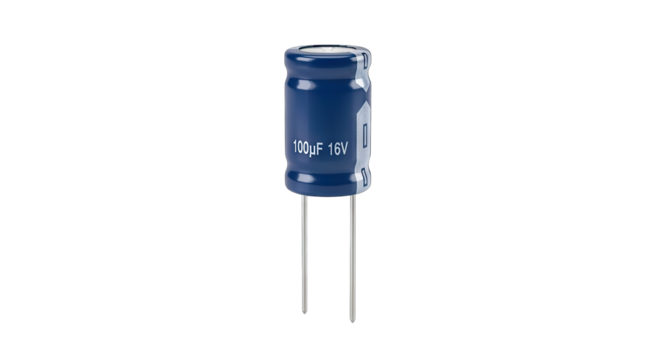 Single Blue Electrolytic Capacitor with Two Leads on a White Background.