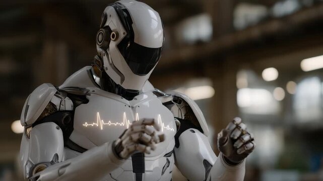 Doctor robot with illuminated sensors analyzing human heartbeat data, emotion of attentiveness and compassion visible, symbolizing human-AI empathy fusion and the evolution of intelligent