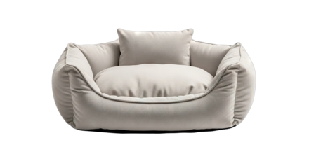 A comfortable and stylish light beige pet bed isolated on a white background.