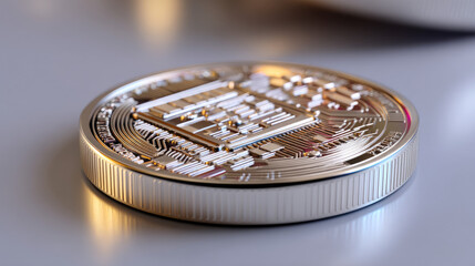 Abstract 3D coin with AI circuit patterns, smart currency concept, neutral reflective background