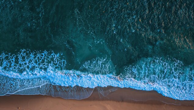 Aerial view of a coastal resort at dusk, showcasing summer waves and a vibrant coral reef, highlighting natural beauty