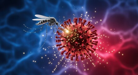 Mosquito versus virus depicts infection battle between insect and microorganism, conceptual infection battle and immunity struggle in abstract illustration.