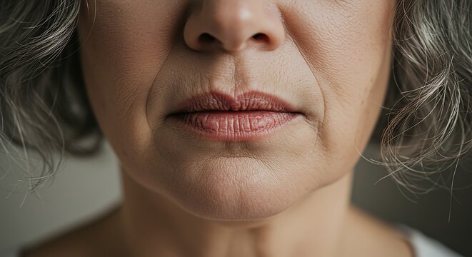 Close-up of a senior woman's face, highlighting wrinkles and gray hair, soft focus