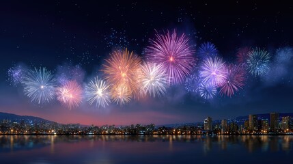 Obraz premium Vibrant Fireworks Display Over City Skyline at Night with Reflection on Calm Water Creating a Magical and Festive Atmosphere
