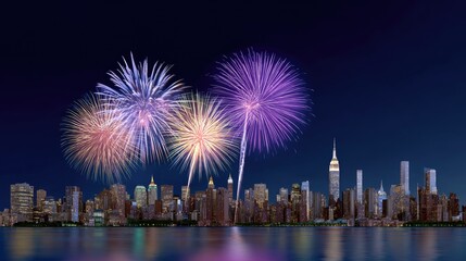 Spectacular Fireworks Display Over Urban Skyline at Night with Vibrant Colors and Reflections in Water Captured in High-Resolution Photograph