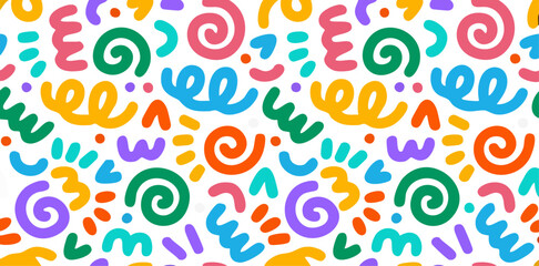 vibrant hand-drawn doodles and colorful seamless abstract confetti and swirl lines pattern: vibrant memphis style retro design background