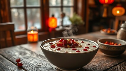 laba. Steaming bowl of Laba porridge with dates and nuts on wooden table. menu design, packaging mockups, designed for culinary blogs and recipe cards for restaurants, supports restaurant marketing.