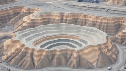 unanimity. Terraced artificial hills from mining waste, barren gray landscape in aerial view, industrial aftermath. ESG reports.