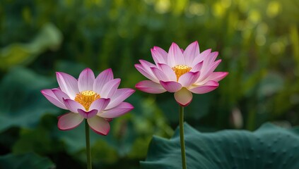 Fototapeta premium Vibrant pink lotus flowers in full bloom, ideal for a serene background setting