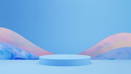 Blue summer vacation backdrop featuring an abstract podium display, ideal for promotional layouts