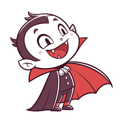 Cute cartoon vampire boy with red cape smiling merrily for halloween celebration isolated on transparent background