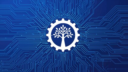 Vector illustration of white gears and tree cog wheel on a circuit board, reflecting technology integration