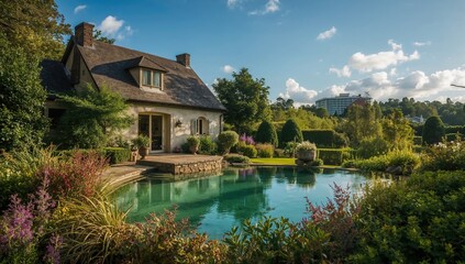 Fototapeta premium Residence surrounded by lush greenery and a water feature