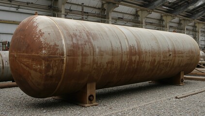A horizontal steel cylinder designed as a pressure vessel for liquefied petroleum gas storage, following established boiler and pressure vessel regulations.