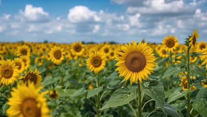 Fototapeta premium Vibrant yellow sunflowers in a natural setting, ideal for editorial background