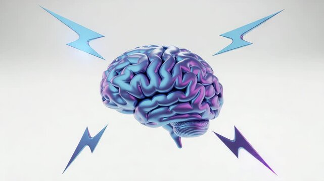 A vibrant brain surrounded by lightning bolts, representing intense mental activity and creative brainstorming, isolated on white background, for innovative ideas