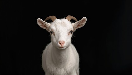 Fototapeta premium Young goat portrait against a dark backdrop, purebred pet animal in studio setting